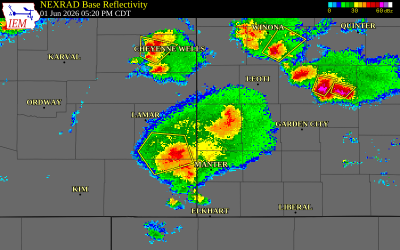 NEXRAD radar during the Monday, June 1, 2026 storm activity in Hamilton County, Kansas