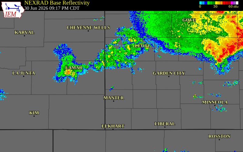 NEXRAD radar during the Tuesday, June 30, 2026 storm activity in Hamilton County, Kansas