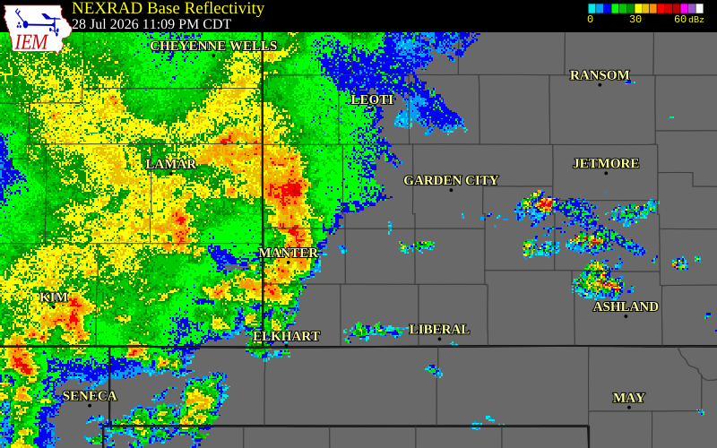 NEXRAD radar during the Tuesday, July 28, 2026 storm activity in Hamilton County, Kansas