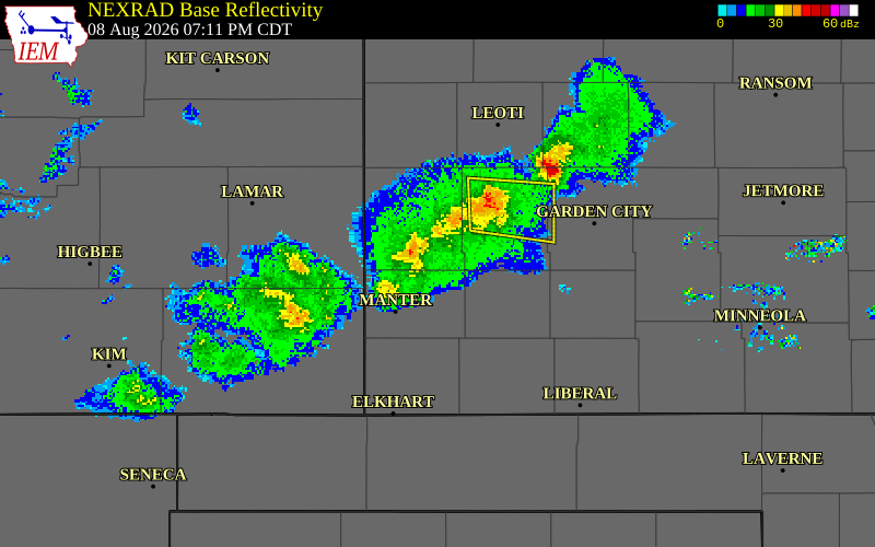 NEXRAD radar during the Saturday, August 8, 2026 storm activity in Hamilton County, Kansas