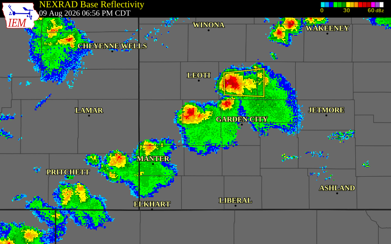 NEXRAD radar during the Sunday, August 9, 2026 storm activity in Hamilton County, Kansas