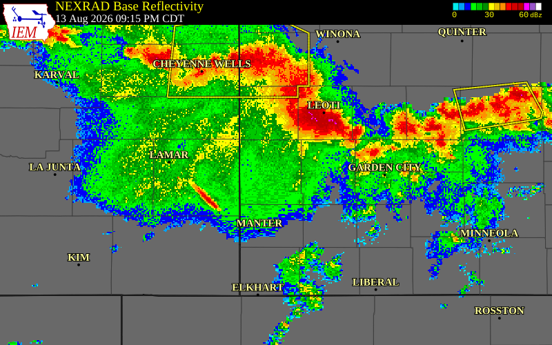 NEXRAD radar during the Thursday, August 13, 2026 storm activity in Hamilton County, Kansas
