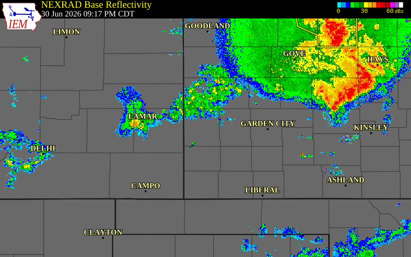 Radar snapshot during the Jun 30, 2026 hail event near 1 NNE Syracuse, Hamilton County, Kansas, with NWS warning polygons