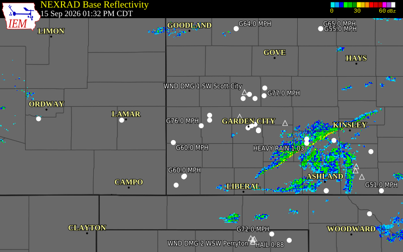 Current NEXRAD radar over Hamilton County, Kansas with recent storm report locations
