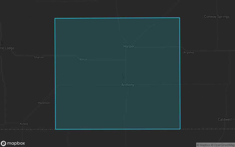 Map of Harper County, Kansas showing the county boundary and surrounding cities