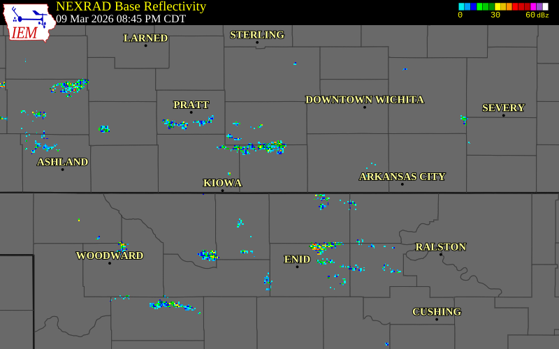 NEXRAD radar during the Monday, March 9, 2026 storm activity in Harper County, Kansas