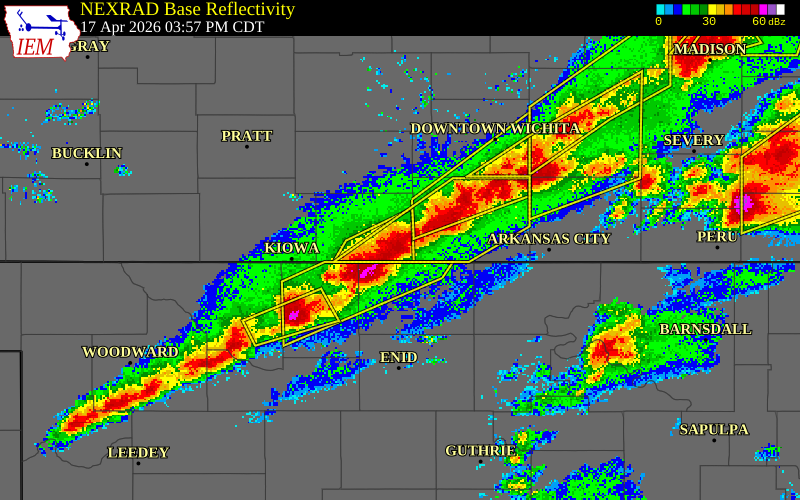 NEXRAD radar during the Friday, April 17, 2026 storm activity in Harper County, Kansas