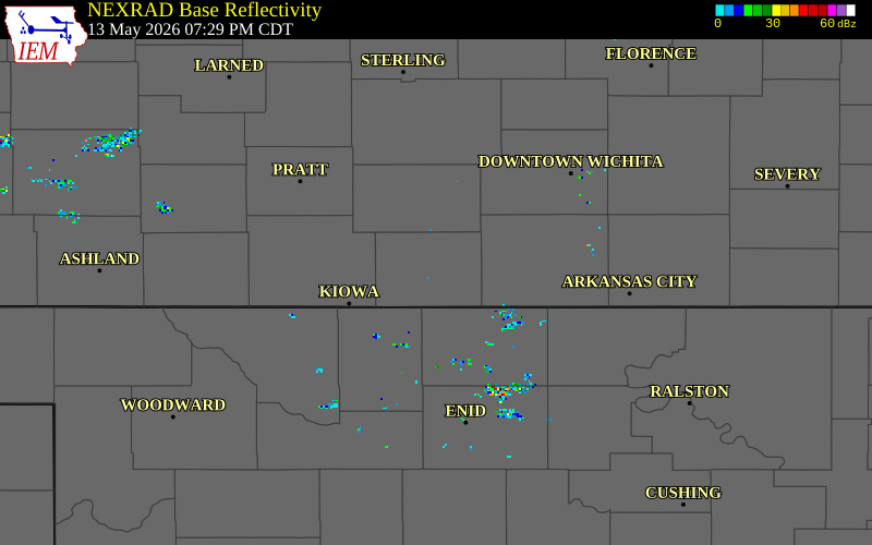 NEXRAD radar during the Wednesday, May 13, 2026 storm activity in Harper County, Kansas