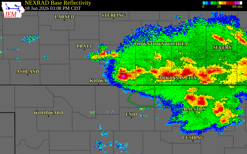 NEXRAD radar during the Thursday, June 18, 2026 storm activity in Harper County, Kansas