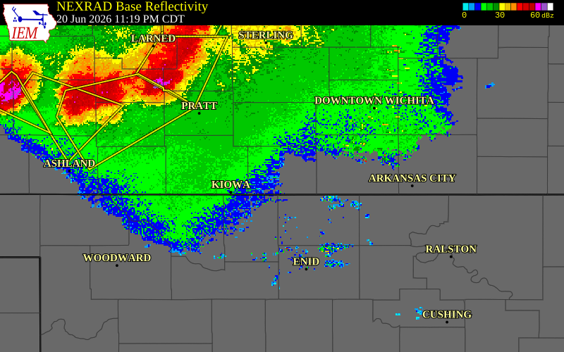 NEXRAD radar during the Saturday, June 20, 2026 storm activity in Harper County, Kansas