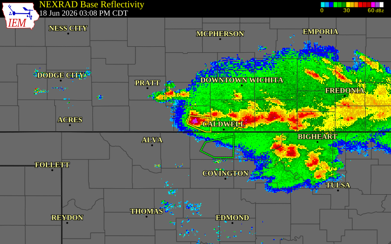 Radar snapshot during the Jun 18, 2026 hail event near Anthony, Harper County, Kansas, with NWS warning polygons