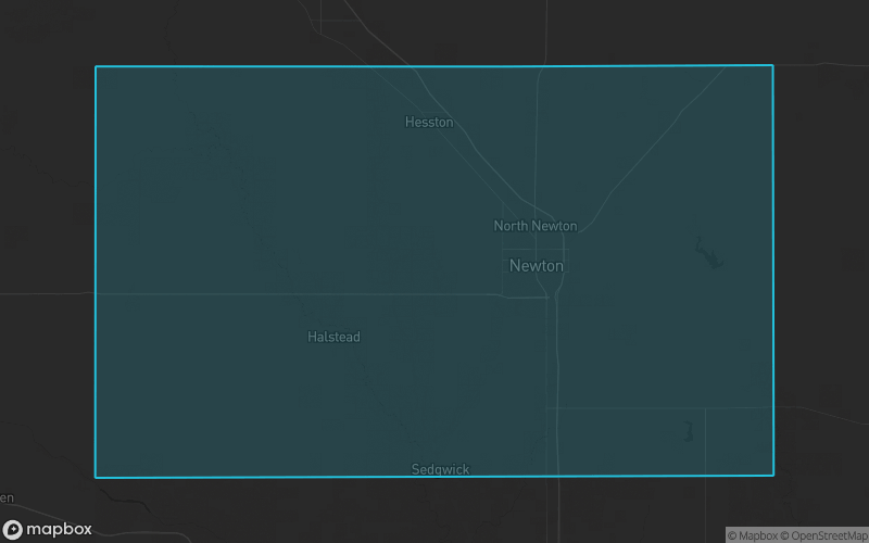 Map of Harvey County, Kansas showing the county boundary and surrounding cities