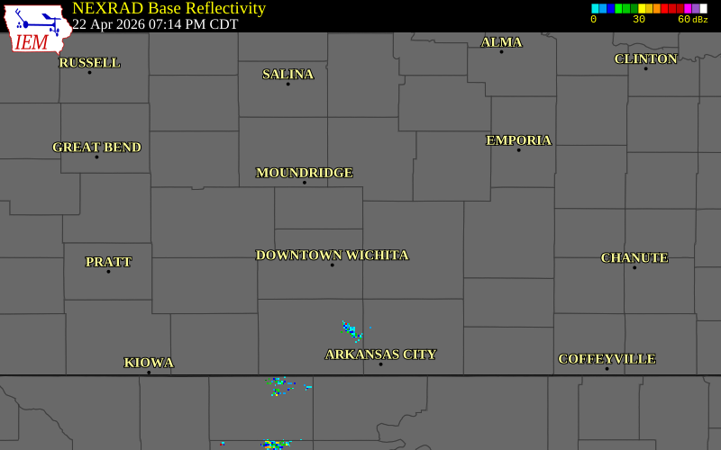 NEXRAD radar during the Wednesday, April 22, 2026 storm activity in Harvey County, Kansas