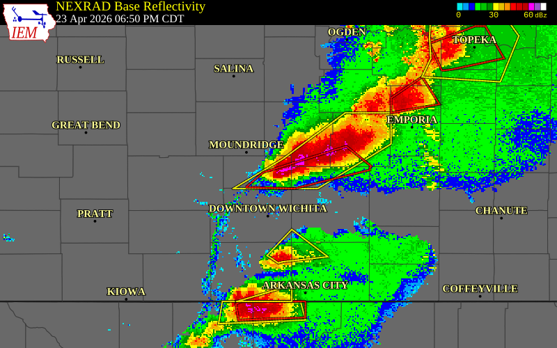 NEXRAD radar during the Thursday, April 23, 2026 storm activity in Harvey County, Kansas