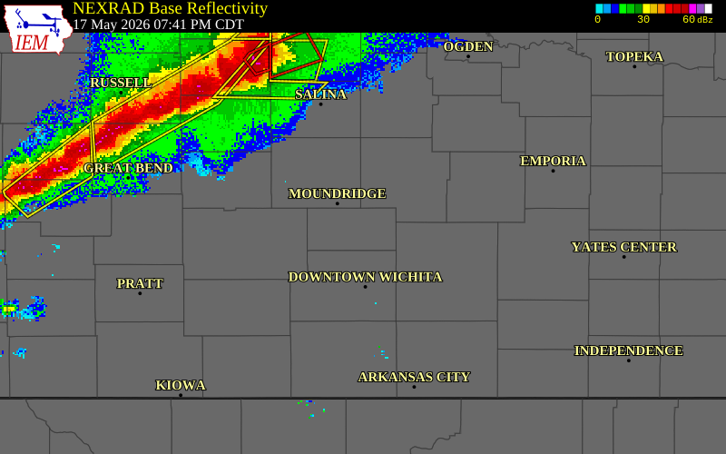 NEXRAD radar during the Sunday, May 17, 2026 storm activity in Harvey County, Kansas