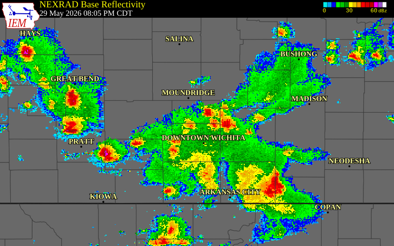 NEXRAD radar during the Friday, May 29, 2026 storm activity in Harvey County, Kansas