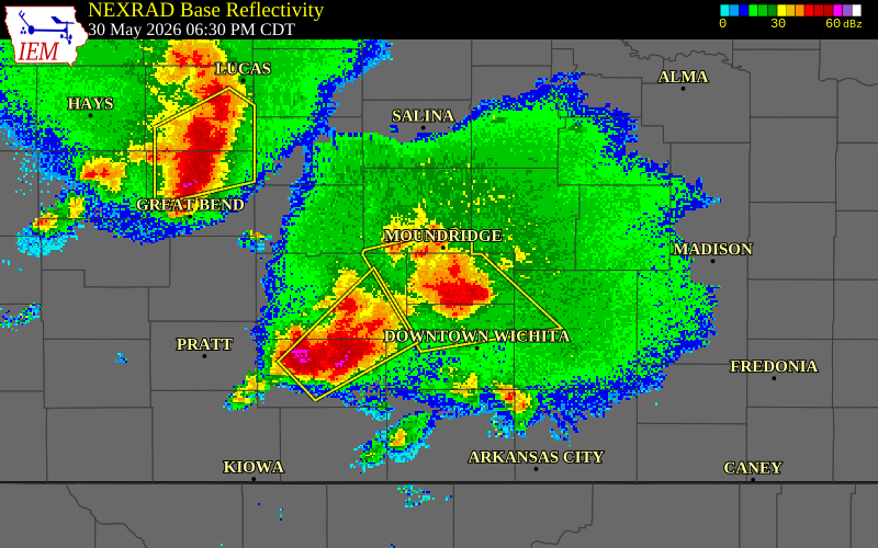 NEXRAD radar during the Saturday, May 30, 2026 storm activity in Harvey County, Kansas