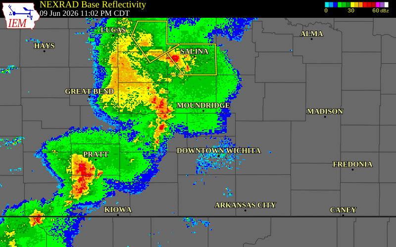 NEXRAD radar during the Tuesday, June 9, 2026 storm activity in Harvey County, Kansas