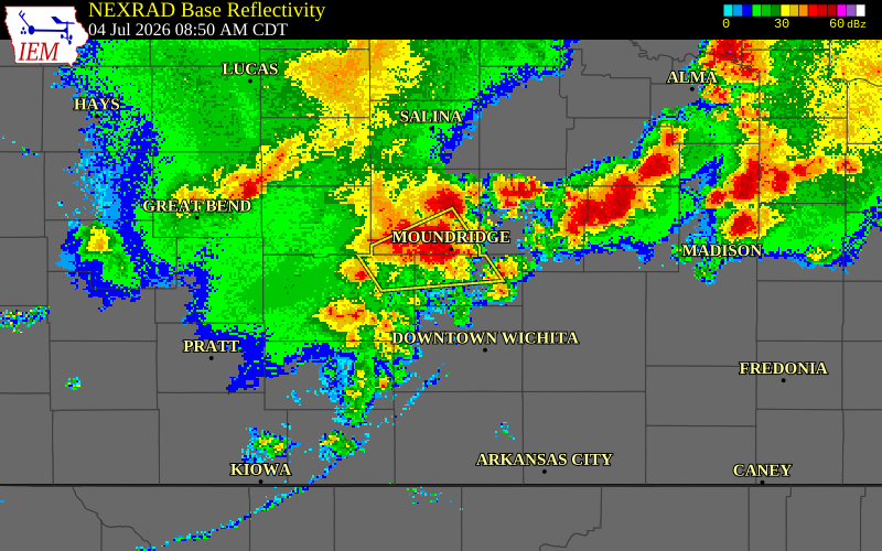 NEXRAD radar during the Saturday, July 4, 2026 storm activity in Harvey County, Kansas