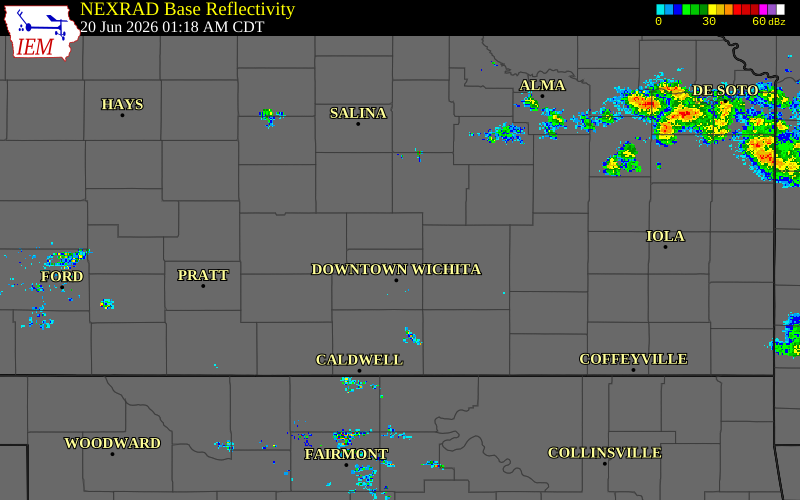 Radar snapshot during the Jun 20, 2026 tornado event near 6 E Sedgwick, Harvey County, Kansas, with NWS warning polygons