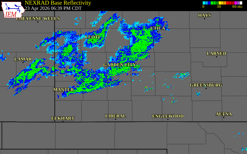 NEXRAD radar during the Thursday, April 23, 2026 storm activity in Haskell County, Kansas