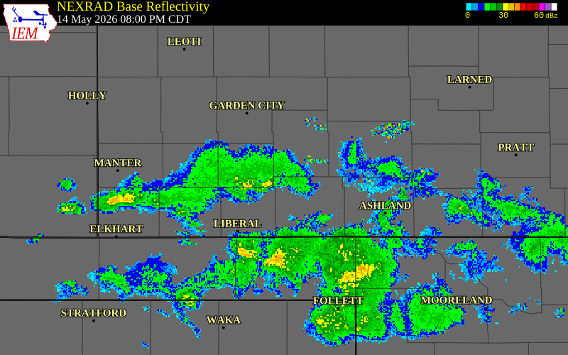 NEXRAD radar during the Thursday, May 14, 2026 storm activity in Haskell County, Kansas