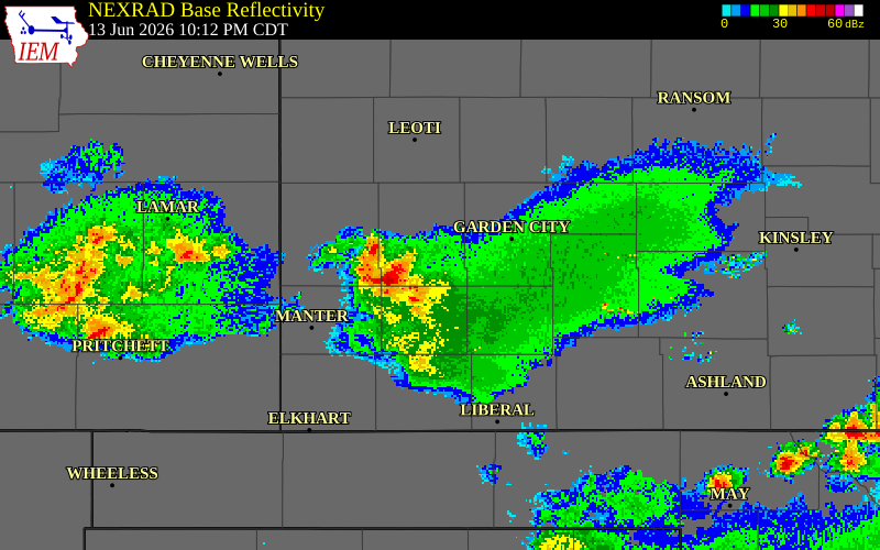 NEXRAD radar during the Saturday, June 13, 2026 storm activity in Haskell County, Kansas