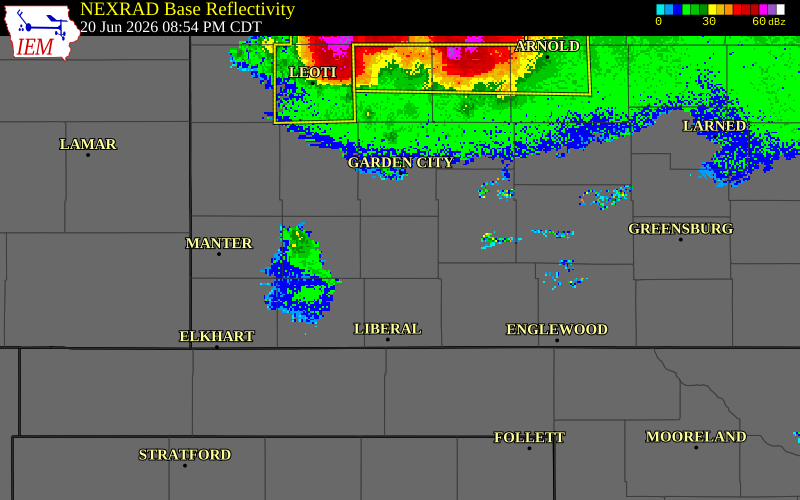 NEXRAD radar during the Saturday, June 20, 2026 storm activity in Haskell County, Kansas
