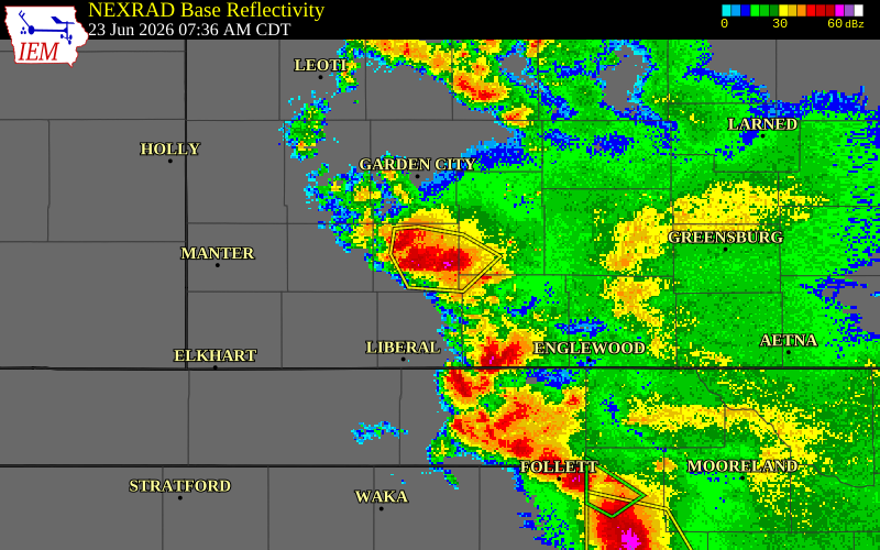 NEXRAD radar during the Tuesday, June 23, 2026 storm activity in Haskell County, Kansas