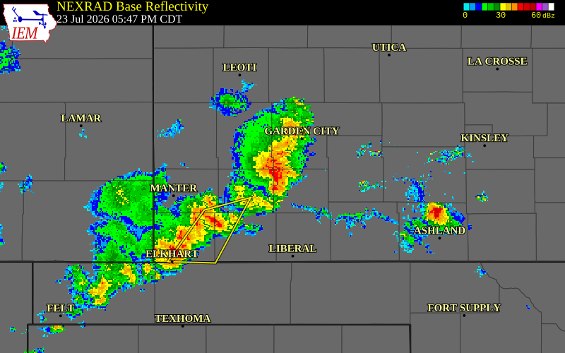 NEXRAD radar during the Thursday, July 23, 2026 storm activity in Haskell County, Kansas