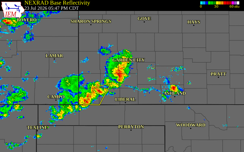 Radar snapshot during the Jul 23, 2026 wind event near 12 SW Plymell, Haskell County, Kansas, with NWS warning polygons