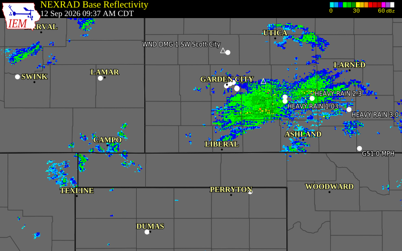 Current NEXRAD radar over Haskell County, Kansas with recent storm report locations