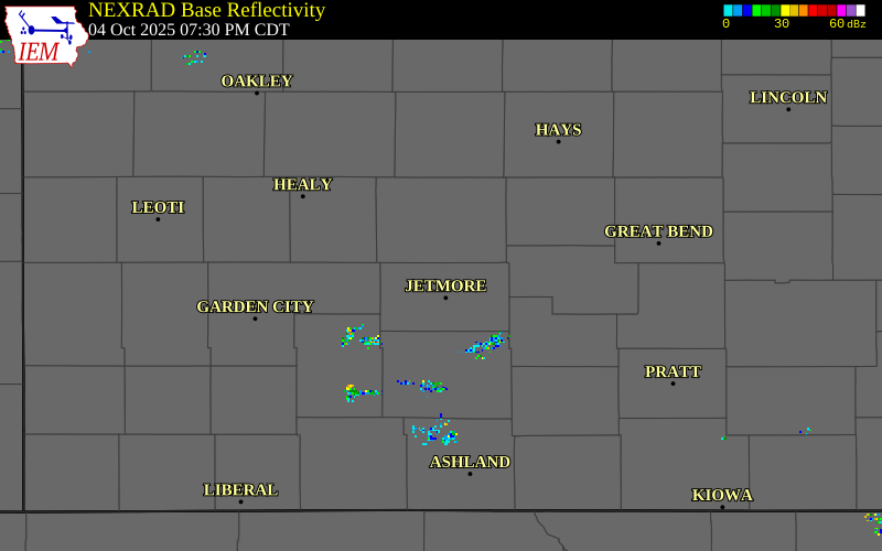 NEXRAD radar during the Saturday, October 4, 2025 storm activity in Hodgeman County, Kansas