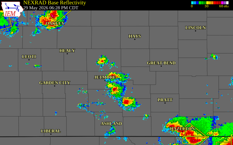 NEXRAD radar during the Friday, May 29, 2026 storm activity in Hodgeman County, Kansas