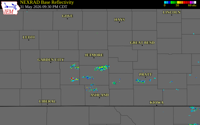 NEXRAD radar during the Sunday, May 31, 2026 storm activity in Hodgeman County, Kansas