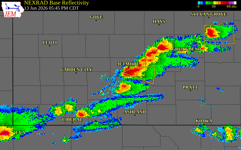 NEXRAD radar during the Saturday, June 13, 2026 storm activity in Hodgeman County, Kansas