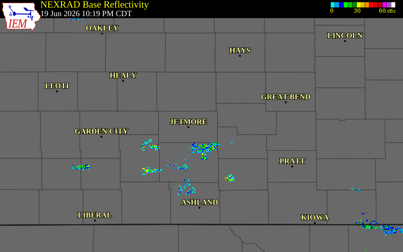 NEXRAD radar during the Friday, June 19, 2026 storm activity in Hodgeman County, Kansas