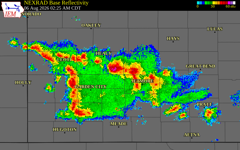 NEXRAD radar during the Thursday, August 6, 2026 storm activity in Hodgeman County, Kansas