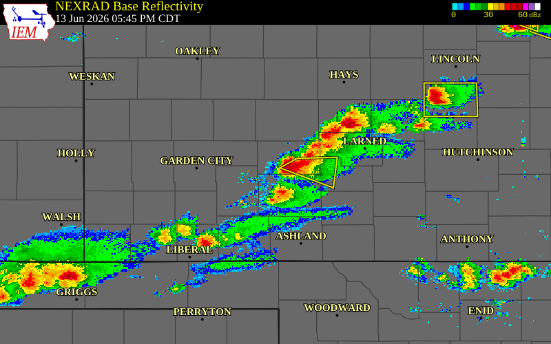 Radar snapshot during the Jun 13, 2026 tornado event near 13 N Dodge City, Hodgeman County, Kansas, with NWS warning polygons