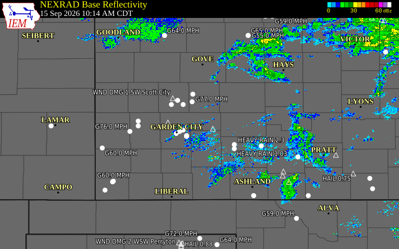 Current NEXRAD radar over Hodgeman County, Kansas with recent storm report locations