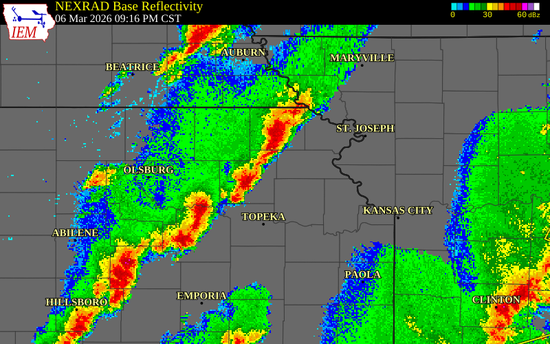 NEXRAD radar during the Friday, March 6, 2026 storm activity in Jackson County, Kansas