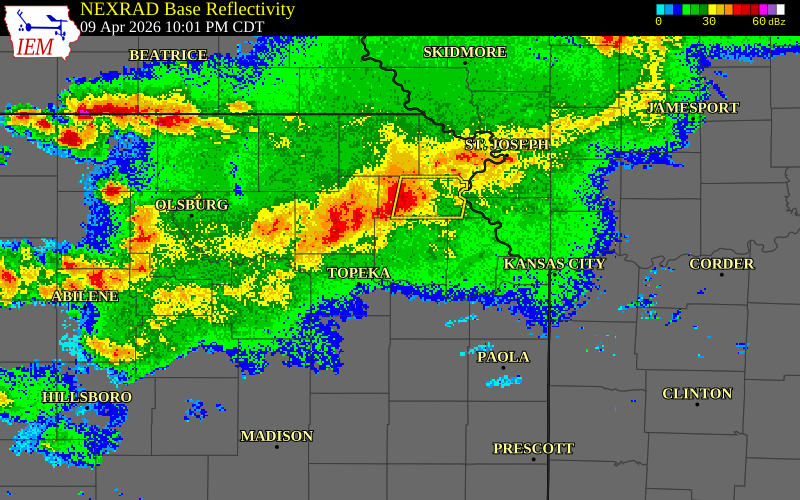 NEXRAD radar during the Thursday, April 9, 2026 storm activity in Jackson County, Kansas