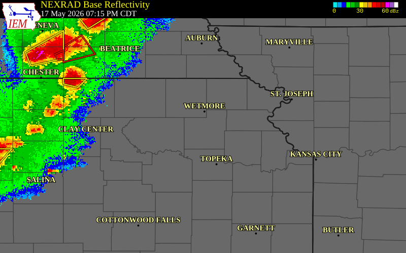 NEXRAD radar during the Sunday, May 17, 2026 storm activity in Jackson County, Kansas