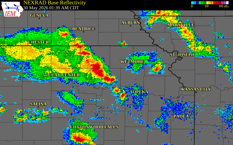 NEXRAD radar during the Saturday, May 30, 2026 storm activity in Jackson County, Kansas