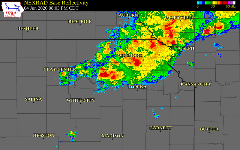 NEXRAD radar during the Thursday, June 4, 2026 storm activity in Jackson County, Kansas