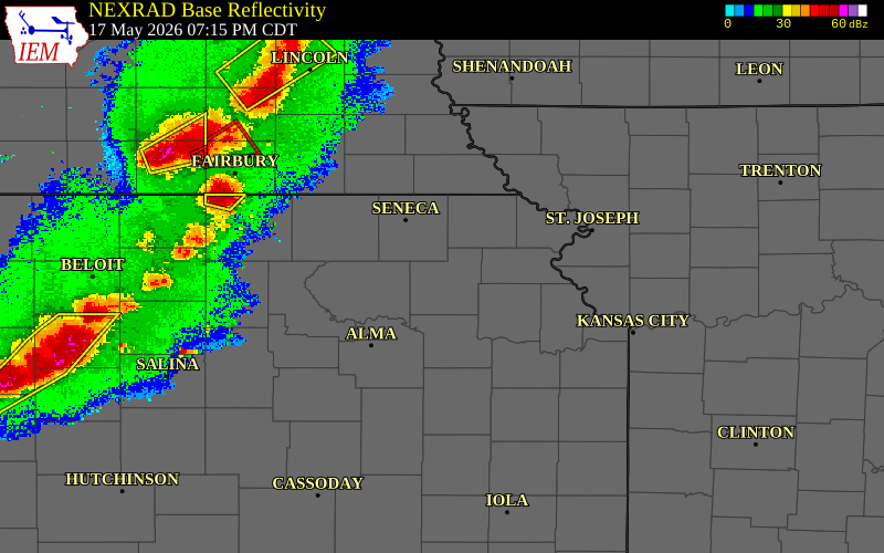 Radar snapshot during the May 17, 2026 tornado event near 3 SSE Circleville, Jackson County, Kansas, with NWS warning polygons