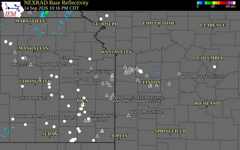 Current NEXRAD radar over Jackson County, Kansas with recent storm report locations