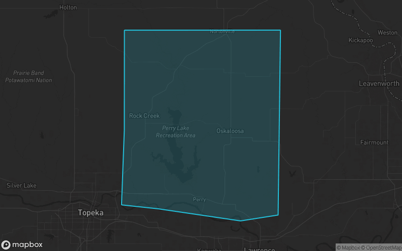 Map of Jefferson County, Kansas showing the county boundary and surrounding cities