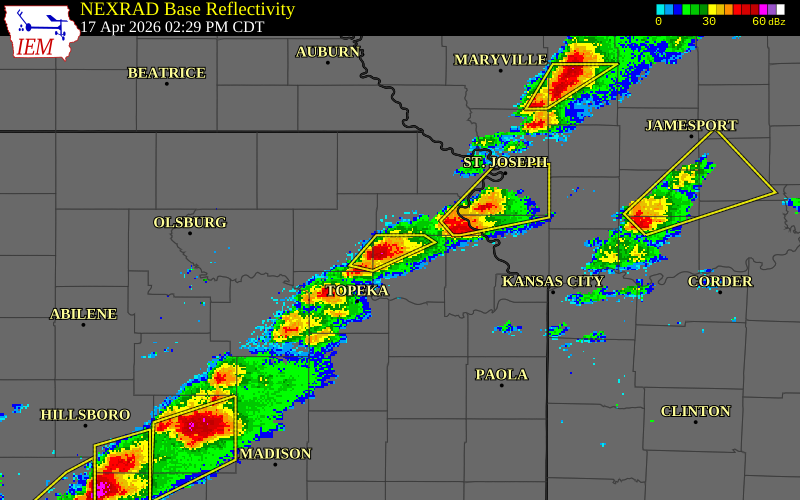 NEXRAD radar during the Friday, April 17, 2026 storm activity in Jefferson County, Kansas