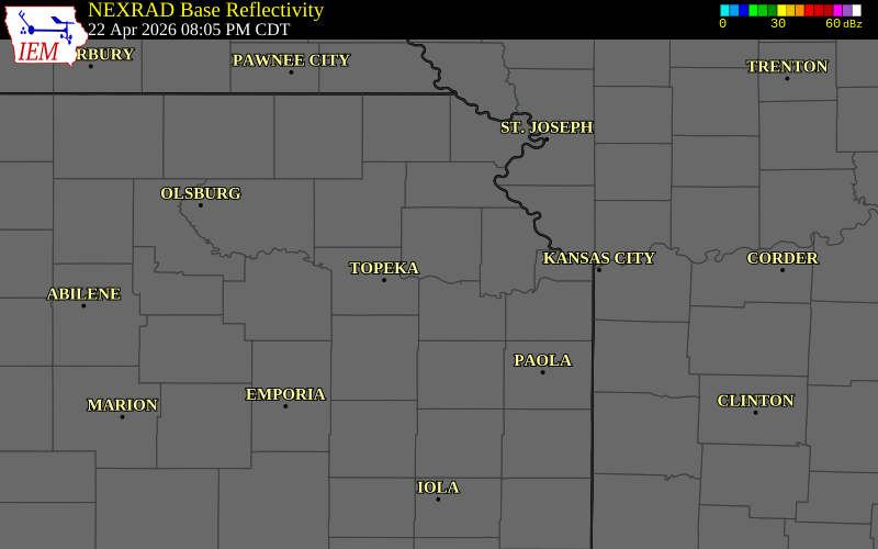 NEXRAD radar during the Wednesday, April 22, 2026 storm activity in Jefferson County, Kansas